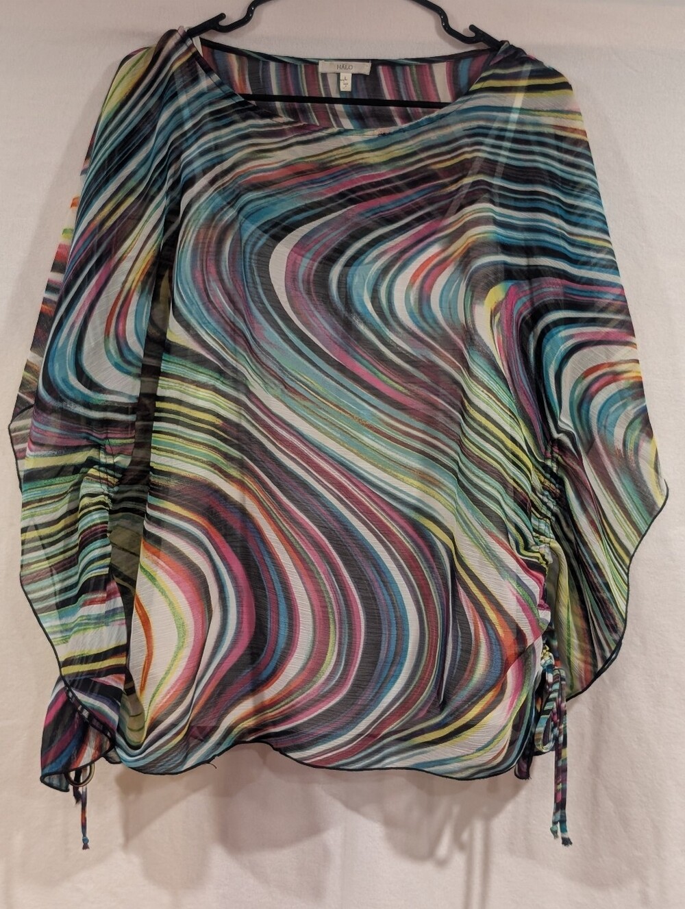 HALO Y2K Abstract Psychedelic Sheer Mesh Ruched Poncho Top L Flowy Eclectic